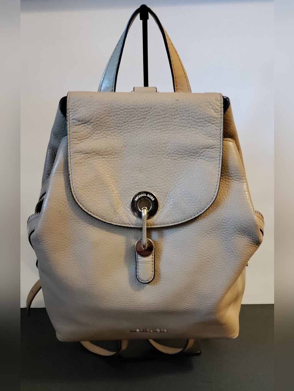 Michael Kors Raven Medium Pebbled Leather Backpack Tan Beige